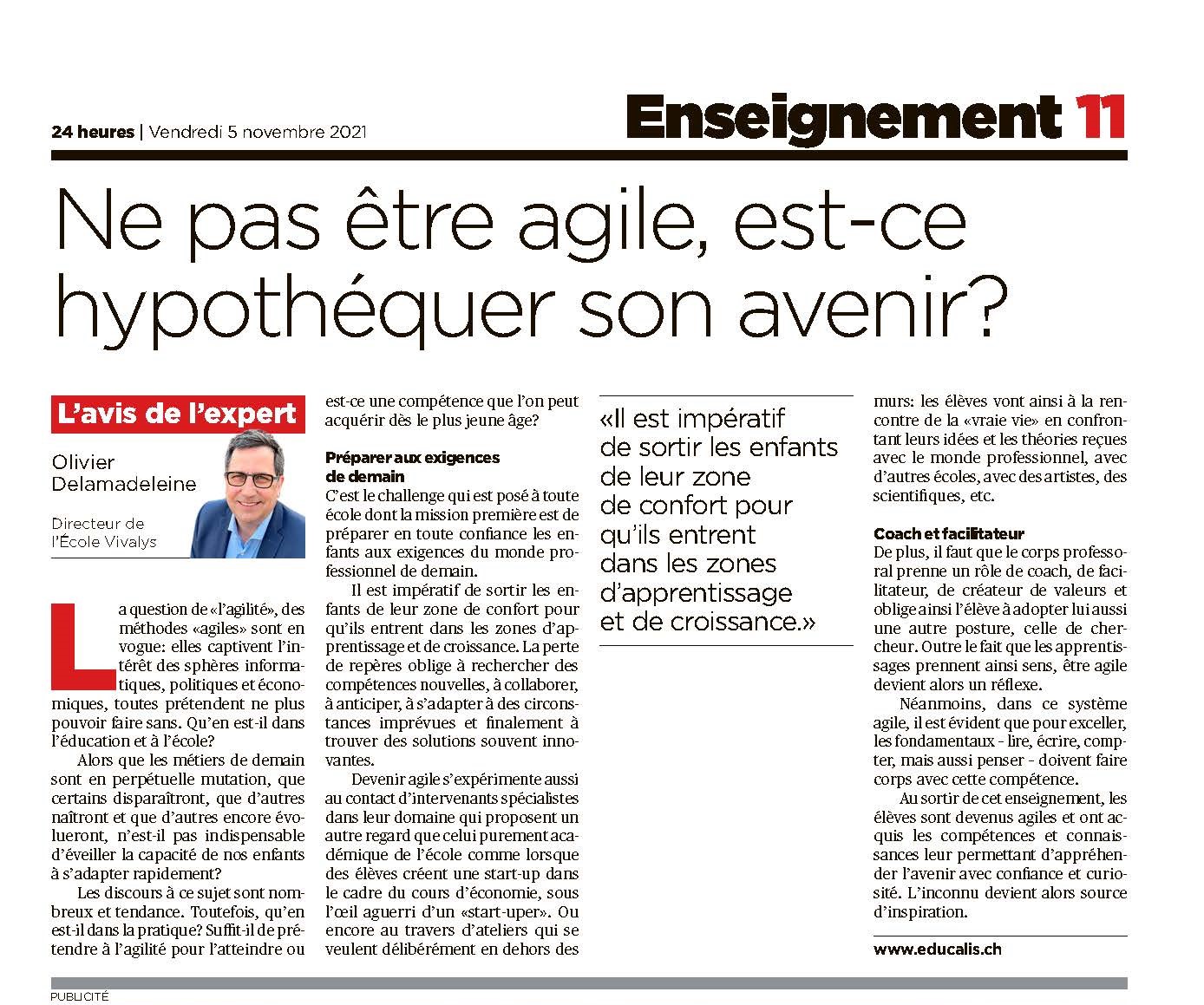Educalis Article Dans La Presse 24 Heures Avis Olivier Delamadelein Directeur Vivalys